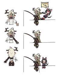  &gt;_&lt; 2girls :d absurdres ahoge amputee animal_ears antlers black_hair blonde_hair blush broken_antler cat_ears cat_tail commentary dark-skinned_female dark_skin deer_antlers deer_ears deer_tail deer_teacher_(tostantan) english_commentary eyes_visible_through_hair fantasy fingerless_gloves fishing_rod flying_sweatdrops gloves green_eyes highres horns multiple_girls original reference_sheet scar shirt sitting smile tail tostantan white_background white_shirt 