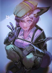  absurdres animal_ears arknights black_footwear black_gloves black_jacket black_legwear breasts commentary_request dur-nar_(arknights) female fox_ears fox_tail full_body gloves hair_between_eyes highres jacket long_sleeves looking_at_viewer makkuro one_eye_closed open_clothes open_jacket open_mouth purple_eyes purple_hair shirt short_hair smile solo squatting star_(symbol) tail v white_shirt 