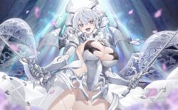  armor asymmetrical_dual_wielding blush breasts chinese_commentary cleavage commentary dual_wielding duel_monster female gauntlets grey_eyes grey_hair highres holding horns huge_breasts lady_labrynth_of_the_silver_castle looking_at_viewer lovely_labrynth_of_the_silver_castle multiple_weapons open_mouth pauldrons shoulder_armor solo sword twintails weapon xiujia_yihuizi yu-gi-oh! 