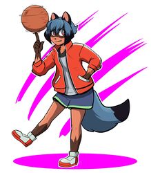  2020 animal_humanoid anthro ball basketball_(ball) blue_eyes blue_hair blue_tail bottomwear brand_new_animal brown_body brown_fur canid canid_humanoid canine canine_humanoid clothing dipstick_tail female footwear fur gatodae gloves_(marking) hair hi_res hotpants humanoid jacket leg_markings mammal mammal_humanoid markings michiru_kagemori multicolored_eyes multicolored_tail pink_eyes raccoon_dog shirt shoes shorts simple_background sneakers socks_(marking) solo studio_trigger t-shirt tanuki tanuki_humanoid topwear white_background 