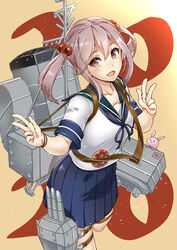  2020 badge beige_background blue_sailor_collar blue_skirt commentary_request cowboy_shot double_v female fukami_naoyuki hair_bobbles hair_ornament kantai_collection machinery pink_eyes pink_hair pleated_skirt rabbit sailor_collar sazanami_(kancolle) school_uniform serafuku short_hair simple_background skirt smokestack solo text_background twintails v 