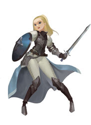  absurdres armlet armor armored_boots belt blonde_hair blue_eyes boots chains commentary female full_body gloves grey_pants highres holding holding_shield holding_sword holding_weapon knee_pads long_hair long_sleeves looking_to_the_side midfinger open_mouth original pants photoshop_(medium) plate_armor ponytail puffy_long_sleeves puffy_sleeves shield simple_background solo standing sword symbol-only_commentary teeth weapon white_background 