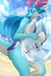  2:3 anthro aquatic_dragon beach bikini blue_body blue_hair breasts clothing cloud day dragon female hair kadomarco marine mythological_creature mythological_scalie mythology sand scalie sea seaside sky swimwear tail water 