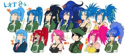  6+girls absurdres ahiru_7 arrow_(symbol) beret black_hair blue_eyes blue_hair braid breasts brown_eyes character_name cleavage closed_mouth collared_shirt commentary_request copyright_name cropped_torso dog_tags earrings eyepatch formal green_headwear hat highres jewelry kof:_maximum_impact leona_heidern long_hair looking_at_viewer maximum_impact_ii military military_uniform multiple_girls multiple_persona muscular muscular_female necklace necktie open_mouth orochi_leona parted_lips pink_eyes pink_hair ponytail red_hair red_necktie shirt suit tank_top teeth the_king_of_fighters the_king_of_fighters_&#039;96 the_king_of_fighters_&#039;99 the_king_of_fighters_2002 the_king_of_fighters_2003 the_king_of_fighters_xiii the_king_of_fighters_xv translation_request triangle_earrings uniform upper_body white_shirt 