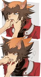  ... 1boy 1other absurdres animal_ears annoyed biting biting_another&#039;s_finger black_shirt brown_eyes brown_hair cocaduel commentary_request duel_academy_uniform_(yu-gi-oh!_gx) fangs finger_in_another&#039;s_mouth glaring highres jacket male_focus red_jacket shirt short_hair solo_focus yu-gi-oh! yu-gi-oh!_gx yuki_judai 