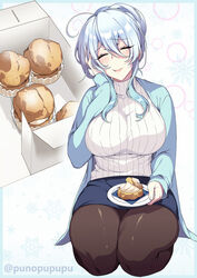  blue_hair blue_jacket blue_skirt blush border braid braided_bun breasts closed_eyes closed_mouth commentary_request cream_puff eating female food foodgasm full_body hair_between_eyes hair_bun hand_on_own_face highres jacket kneeling large_breasts long_hair long_sleeves original pantyhose pastry_box puuzaki_puuna skirt smile solo sweater turtleneck twitter_username white_sweater yukino_(zeroshiki_kouichi) 