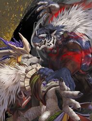  2019 5_fingers aggression anthro arm_wraps beads bear black_nose crushfang_(sdorica_sunset) duo eye_scar facial_scar felid fingers fur grey_body grey_fur headgear humanoid_hands male mammal masabowser multicolored_body multicolored_fur muscular muscular_male pang_(sdorica) pantherine polar_bear prayer_beads red_eyes scar sdorica striped_body striped_fur stripes tiger two_tone_body two_tone_fur ursine white_body white_fur wraps 