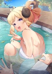  2girls absurdres ahoge alternate_hairstyle animal_ears back black_nails blue_sky blush breasts commentary day eat_some_cookie feet_out_of_frame from_side hair_ribbon highres hololive horns knees_to_chest looking_at_viewer medium_breasts multiple_girls naked_towel onsen open_mouth outdoors parted_bangs partially_submerged pink_ribbon pov purple_eyes ribbon ripples same-sex_bathing shared_bathing sheep_ears sheep_girl sheep_horns shishiro_botan short_hair sitting sky smile solo_focus towel tsunomaki_watame v virtual_youtuber water 