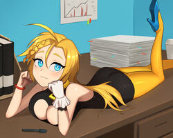  :3 ahoge ass asymmetrical_bangs backless_dress backless_outfit bare_shoulders barleyshake black_dress blonde_hair blue_eyes blue_footwear braid braided_bangs breast_rest breasts breasts_on_table bright_pupils choker cleavage cleavage_cutout clenched_hands closed_mouth clothing_cutout commission desk dress elbow_rest female foot_up gloves hair_between_eyes head_rest high_heels indoors jewelry large_breasts light_blush long_hair looking_at_viewer looking_to_the_side lying nyrn office on_desk on_stomach original pantyhose parted_hair pen pencil_dress pendant pendant_choker red_wristband short_dress single_glove sleeveless sleeveless_dress smile smug solo thick_eyelashes tsurime white_gloves yellow_pantyhose 