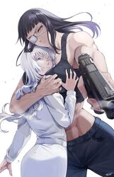  2girls abs black_hair blue_eyes breasts closed_eyes collarbone denim eyepatch fingernails grabbing grabbing_another&#039;s_breast gun handgun highres holding holding_gun holding_weapon hug huge_breasts jeans jormungand_(manga) koko_hekmatyar long_hair looking_at_viewer multiple_girls muscular muscular_female one_eye_closed pants signature smoke smoking_barrel sofia_valmer sunsirou tank_top veins weapon white_hair yellow_eyes yuri 