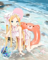  abigail_williams_(fate) abigail_williams_(swimsuit_foreigner)_(fate) abigail_williams_(swimsuit_foreigner)_(third_ascension)_(fate) absurdres all_fours ball bare_arms bare_legs bare_shoulders barefoot beachball bikini blonde_hair blue_eyes bonnet bow closed_mouth commentary day fate/grand_order fate_(series) female hairbow highres innertube innertube_with_ears long_hair outdoors parted_bangs seashell shell smile solo starfish strapless strapless_bikini striped striped_bow swim_ring swimsuit very_long_hair water white_bikini white_bow white_headwear yukaa 