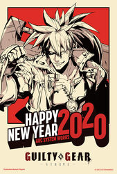  1boy 2020 commentary commission copyright_name english_commentary forehead_protector grin guilty_gear guilty_gear_strive happy_new_year high_contrast higuchi_konomi huge_weapon male_focus new_year official_art over_shoulder ponytail second-party_source smile sol_badguy solo spiked_hair sword sword_over_shoulder weapon weapon_over_shoulder 