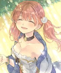  :d ^_^ atelier_(series) atelier_escha_&amp;_logy bead_bracelet beads black_choker black_ribbon blush bracelet braid breasts choker cleavage closed_eyes collarbone escha_malier female fingernails hair_ornament hani_(udauda) jewelry lower_teeth_only medium_breasts medium_hair open_mouth pink_hair pom_pom_(clothes) pom_pom_hair_ornament ribbon shirt smile solo strapless strapless_shirt teeth twintails white_shirt white_tail 