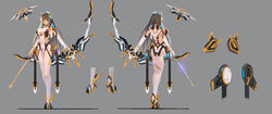  300_heroes absurdres archery arrow_(projectile) ass bad_id bad_pixiv_id bodysuit bow_(weapon) breasts dress duplicate female glasses gloves grey_background grey_hair headgear high_heels highres large_breasts long_hair looking_at_viewer mecha_musume multiple_views orange_eyes original pixel-perfect_duplicate reference_sheet science_fiction shiny_clothes simple_background skirt standing weapon white_bodysuit white_legwear zhuore_zhi_hen 