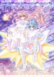  1boy blue_bow blue_eyes blue_hair blue_ribbon boots bow buttons cape capelet closed_mouth coat commentary_request double-breasted dress female full_body hair_between_eyes hasu_murasaki high_heel_boots high_heels highres kiki_(little_twin_stars) lace lala_(little_twin_stars) leg_ribbon little_twin_stars long_hair looking_at_viewer looking_to_the_side open_mouth pants pink_bow pink_eyes pink_hair ribbon sanrio short_hair white_cape white_capelet white_coat white_dress white_footwear white_pants 