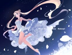  :d absurdres bare_legs bishoujo_senshi_sailor_moon blonde_hair blue_eyes chains crescent crescent_facial_mark double_bun dress english_text facial_mark female formal from_below full_body hair_bun high_heels highres jumping long_hair open_mouth parted_bangs petals rei_(usabiba) silhouette smile solo strapless strapless_dress tsukino_usagi twintails very_long_hair white_dress 