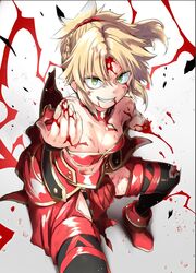  amputee bad_perspective bare_shoulders black_thighhighs blonde_hair blood blood_on_clothes blood_on_face braid breasts cleavage commentary_request fate/apocrypha fate_(series) female green_eyes guro hair_ornament hair_scrunchie highres long_hair looking_at_viewer mordred_(fate) mordred_(fate/apocrypha) mozu_(peth) ponytail red_scrunchie scrunchie simple_background small_breasts smile solo teeth thighhighs torn_clothes torn_thighhighs white_background 