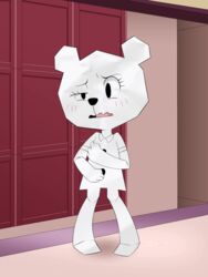  3:4 anthro bear cartoon_network clothed clothing detailed_background dress embarrassed eyelashes female fully_clothed hi_res mammal on_model paper paper_creature school solo standing teri_(tawog) the_amazing_world_of_gumball umejiru young young_anthro 