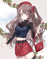  bag belt beret black_belt black_thighhighs breasts brown_hair cherry_print cloud cloudy_sky commentary cowboy_shot english_commentary female fig food_print fruit_tree hair_ornament halterneck handbag hat highres long_hair long_sleeves medium_breasts midriff navel original pingo red_eyes red_hat red_skirt scrunchie skirt sky solo thighhighs tree turtleneck twintails 