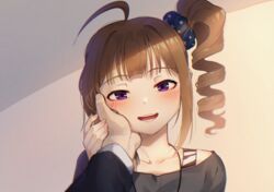  1boy :d black_shirt blue_scrunchie blush collarbone commentary drill_hair female hair_ornament hair_scrunchie half-closed_eyes hand_on_another&#039;s_cheek hand_on_another&#039;s_face hand_on_another&#039;s_hand head_tilt idolmaster idolmaster_million_live! jewelry kamille_(vcx68) looking_at_viewer medium_hair necklace open_mouth out_of_frame portrait pov pov_hands print_scrunchie purple_eyes scrunchie shirt shirt_straps side_drill side_ponytail smile solo_focus star_(symbol) star_print yokoyama_nao 