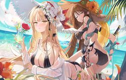  2girls absurdres ass aya_kujyou_(final_gear) bare_shoulders beach bikini black_bikini black_footwear blonde_hair breasts cup drinking_glass final_gear flower freng green_eyes hair_spread_out hairband halterneck hat hat_flower hibiscus high_heels highres hurricane_glass innertube korean_commentary large_breasts long_hair looking_at_viewer multiple_girls off_shoulder open_clothes open_shirt outdoors parted_lips shirt straw_hat string_bikini sun_hat sunflower swim_ring swimsuit taysia_graft_(final_gear) thighs tropical_drink very_long_hair white_headwear white_shirt 