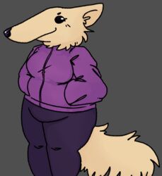  anthro blush borzoi canid canine canis clothed clothing domestic_dog female fully_clothed fur grey_background hand_in_pocket happy hunting_dog jacket legwear makeup mammal mdctoby12 pivoted_ears pockets purple_clothing purple_sweater purple_topwear sighthound simple_background slightly_chubby smile solo sweater tan_body tan_fur thick_thighs tights topwear 