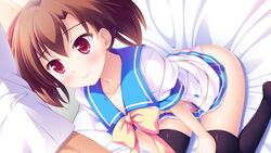  1boy bed_sheet black_legwear blue_sailor_collar blue_skirt bow bowtie brown_hair closed_mouth collarbone female from_above game_cg hair_between_eyes highres kagurazaka_mei ko~cha long_hair miniskirt panties pink_panties pleated_skirt red_eyes sailor_collar sailor_shirt shiny_clothes shiny_legwear shirt short_sleeves sitting skirt smile solo_focus thighhighs twintails underwear white_shirt wizards_complex yellow_bow yellow_bowtie 