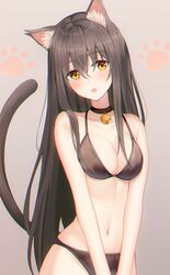  :o absurdres animal_ears bad_id bad_twitter_id bare_arms bare_shoulders bell bikini black_bikini black_choker black_hair breasts cat_ears cat_girl cat_tail choker cleavage cowboy_shot female highres jingle_bell long_hair looking_at_viewer medium_breasts muyang navel oerba_yun_fang open_mouth original solo stomach string_bikini swimsuit tail tail_raised very_long_hair yellow_eyes 