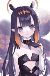  animal_ears bad_id bad_twitter_id bare_shoulders black_dress blunt_bangs clothing_cutout dress extra_ears female flat_chest gradient_hair halo hand_up highres hololive hololive_english long_hair mashiro_shiki multicolored_hair navel_cutout ninomae_ina&#039;nis ninomae_ina&#039;nis_(1st_costume) orange_hair pointy_ears purple_eyes purple_hair sidelocks simple_background solo tentacle tentacle_hair upper_body very_long_hair virtual_youtuber white_background 