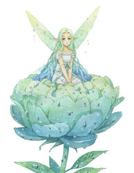  aqua_flower aqua_theme barham blue_flower blue_hair breasts chinese_peony collarbone dew_drop dress dripping fairy fairy_wings female flower gradient_hair gradient_wings green_flower green_hair green_wings long_hair looking_at_viewer mini_person minigirl multicolored_flower multicolored_hair multicolored_wings off-shoulder_dress off_shoulder on_flower original painting_(medium) peony_(flower) pointy_ears sash simple_background sitting traditional_media v_arms very_long_hair water_drop watercolor_(medium) wavy_hair wet_wings white_background wings 