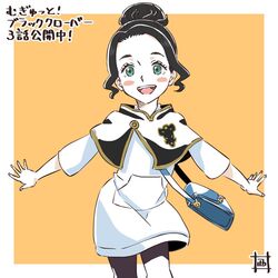  bag black_bulls_(emblem) black_clover black_hair blush blush_stickers capelet charmy_pappitson cowboy_shot female green_eyes hair_bun looking_at_viewer medium_hair nishiyama_tsukasa open_mouth single_hair_bun smile solo 