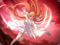  armor armored_dress asuna_(sao) asuna_(stacia) bare_shoulders bracelet breastplate brown_hair circle_skirt closed_mouth cloud cloudy_sky detached_collar detached_sleeves dress energy faulds female floating_hair foot_out_of_frame frown game_cg garter_straps gloves glowing glowing_hand holding holding_sword holding_weapon jewelry leg_up long_hair long_sleeves looking_at_viewer magic outdoors radiant_light rapier red_eyes red_sky short_dress sky sleeveless sleeveless_dress solo sword sword_art_online sword_art_online:_alicization sword_art_online:_alicization_-_war_of_underworld sword_art_online:_unleashed_blading thighhighs thighs very_long_hair weapon white_armor white_dress white_footwear white_gloves white_thighhighs 