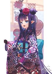  :3 bad_id bad_twitter_id black_gloves black_hair blunt_bangs braid braided_bun clenched_hand double_bun female flower gloves hair_behind_ear hair_bun hair_flower hair_ornament highres hololive hololive_english japanese_clothes kimono long_hair looking_at_viewer mole mole_under_eye ninomae_ina&#039;nis ninomae_ina&#039;nis_(new_year) obi oerba_yun_fang official_alternate_hairstyle open_mouth pink_flower pointy_ears purple_hair purple_kimono sash shiina_rei sidelocks solo very_long_hair virtual_youtuber 