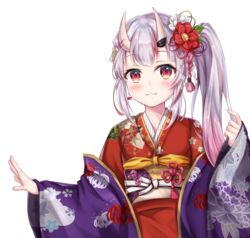  :3 absurdres blush closed_mouth commentary_request female floral_print flower gradient_hair grey_hair hair_flower hair_ornament hand_up highres hololive horns japanese_clothes kimono long_hair long_sleeves looking_at_viewer multicolored_hair nakiri_ayame nakiri_ayame_(new_year) namekuji_ojiichan obi official_alternate_costume oni open_clothes pinching_sleeves pink_hair print_kimono red_eyes red_flower red_kimono sash side_ponytail simple_background skin-covered_horns sleeves_past_wrists solo streaked_hair virtual_youtuber white_background white_flower wide_sleeves 