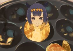  blunt_bangs closed_mouth commentary diamond_hairband fadingz female food foodification gradient_hair grey_eyes hololive hololive_english long_hair looking_at_viewer mole mole_under_eye multicolored_hair ninomae_ina&#039;nis orange_hair pointy_ears portrait purple_hair sidelocks smile solo takoyaki takoyaki_pan tentacle_hair virtual_youtuber what 