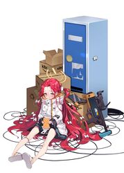  absurdres bare_legs blue_archive blue_eyes blush bow box cable cardboard_box closed_mouth coat envelope female forehead full_body game_console grenade_launcher hair_spread_out hairbow halo handheld_game_console highres holding holding_envelope locker long_hair long_sleeves looking_at_viewer purple_eyes raised_eyebrows red_hair sandals school_uniform sitting solo toombo12 very_long_hair weapon white_background white_coat yuzu_(blue_archive) 