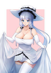  azur_lane bare_shoulders blue_eyes breasts cleavage commentary_request dress female gloves hat highres huge_breasts illustrious_(azur_lane) lifting_own_clothes long_dress long_hair partial_commentary pepeo simple_background skindentation sleeveless sleeveless_dress solo sun_hat thighhighs very_long_hair white_dress white_gloves white_hair white_hat white_thighhighs 