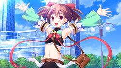  :d ahoge armpits arms_up bag belt black_bra blue_sky blue_sleeves bow bra brown_belt brown_hair cloud crop_top day detached_sleeves female game_cg hair_between_eyes hairbow handbag highres kagurazaka_mei ko~cha long_hair long_sleeves midriff navel outdoors outstretched_arms red_bow red_eyes red_ribbon ribbon sky smile solo standing stomach twintails underwear wizards_complex 