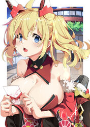  absurdres animal_ears arms_under_breasts bare_shoulders blonde_hair blue_eyes breasts chestnut_mouth chinese_zodiac cleavage detached_collar female fur_trim hair_between_eyes happy_new_year highres japanese_clothes large_breasts long_hair mecha_musume mole mole_on_breast mole_under_eye nontraditional_playboy_bunny note oerba_yun_fang open_mouth original outdoors outside_border rabbit_ears solo twintails upper_body year_of_the_rabbit zelitto 