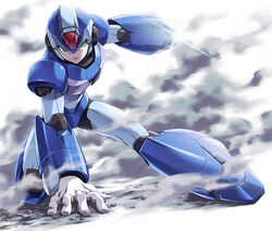  1boy android arm_cannon arm_support commentary english_commentary fujino_yuuki full_body glint green_eyes hand_on_ground helmet looking_at_viewer male_focus mega_man_(series) mega_man_x_(series) photoshop_(medium) robot simple_background smoke solo superhero_landing weapon white_background x_(mega_man) 