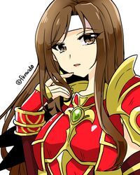  altena_(fire_emblem) armor breastplate brown_eyes brown_hair female fire_emblem fire_emblem:_genealogy_of_the_holy_war headband lips long_hair looking_at_viewer open_mouth parted_bangs shoulder_armor simple_background solo white_background white_headband yukia_(firstaid0) 