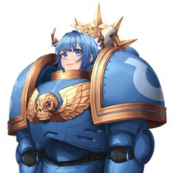  absurdres armor blue_eyes blue_hair closed_mouth eyebrows_visible_through_hair eyelashes female highres laurel_crown multicolored_eyes naidong naidong_(artist) original pauldrons purple_eyes short_hair shoulder_armor simple_background skull smile solo space_marine warhammer_40k white_background 