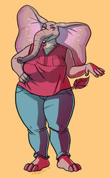  2018 anthro barefoot bottomwear breasts clothed clothing denim denim_bottomwear denim_clothing digital_media_(artwork) elephant elephantid embriel eyeliner feet female grey_body grey_skin jeans makeup mammal mature_female narrowed_eyes open_mouth overweight overweight_anthro overweight_female pants pink_eyes proboscidean red_clothing red_topwear sarah_fairhart simple_background sleeveless_shirt slightly_chubby solo teeth topwear trunk wide_hips 