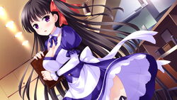  apron back_bow black_hair blue_skirt bow bowtie breasts cleavage detached_collar dutch_angle female floating_hair game_cg hairbow highres holding ko~cha large_breasts layered_sleeves long_hair long_sleeves manazuru_kazuha open_mouth purple_bow purple_bowtie purple_eyes red_bow short_over_long_sleeves short_sleeves side_ponytail skirt solo standing underbust very_long_hair waist_apron white_apron white_bow wing_collar wizards_complex 