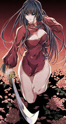  black_hair blue_eyes breasts china_dress chinese_clothes cleavage cleavage_cutout clothing_cutout dress female flower fujino_yuuki hand_in_own_hair highres holding holding_weapon large_breasts long_hair original red_dress short_dress smile solo weapon 