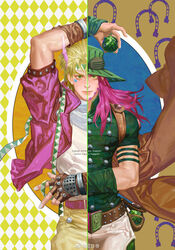  2boys argyle_background arm_up ball battle_tendency beard belt blonde_hair brown_cape brown_gloves caesar_anthonio_zeppeli cape character_name closed_mouth collared_shirt cowboy_shot elna facial_hair facial_mark feather_hair_ornament feathers fingerless_gloves gloves green_eyes green_headwear green_shirt gyro_zeppeli hair_ornament hat headband highres holding holding_ball horseshoe jacket jojo_no_kimyou_na_bouken long_hair looking_at_viewer male_focus multiple_boys pants pink_hair pink_jacket pouch shirt short_hair short_sleeves split_screen standing steel_ball_(jojo) steel_ball_run studded_belt weibo_logo weibo_watermark white_pants white_shirt yellow_pants 