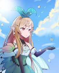  :o absurdres black_gloves cloud dandelion elbow_gloves fairy fairy_wings female flat_chest flower gloves green_skirt hair_ribbon highres long_hair namishiron nijisanji nijisanji_en open_hand open_mouth pointy_ears pomu_rainpuff pomu_rainpuff_(1st_costume) ribbon skirt sky solo sunlight virtual_youtuber wings 