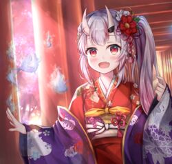  :d blurry blurry_background blush commentary_request depth_of_field female floral_print flower gradient_hair grey_hair hair_flower hair_ornament hand_up highres hololive horns japanese_clothes karma_(nakiri_ayame) kimono long_hair long_sleeves looking_at_viewer multicolored_hair multiple_torii nakiri_ayame nakiri_ayame_(new_year) namekuji_ojiichan obi oerba_yun_fang official_alternate_costume oni open_clothes open_mouth pinching_sleeves pink_hair print_kimono red_eyes red_flower red_hair red_kimono sash side_ponytail skin-covered_horns sleeves_past_wrists smile solo streaked_hair tassel torii virtual_youtuber white_flower wide_sleeves 