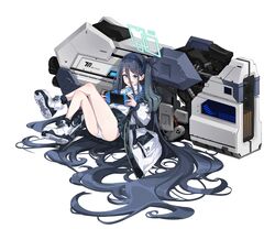  absurdly_long_hair absurdres aris_(blue_archive) ass bare_legs black_hair black_hairband blue_archive blue_eyes blue_hair blush commentary crossed_legs dark_blue_hair female full_body hair_between_eyes hair_spread_out hairband halo handheld_game_console highres holding holding_handheld_game_console huge_weapon jacket long_hair long_hair_between_eyes long_sleeves looking_at_viewer multicolored_hair necktie one_side_up open_clothes open_jacket open_mouth panties railgun school_uniform shirt shoes simple_background sitting sneakers solo toombo12 underwear very_long_hair weapon white_background white_panties white_shirt 