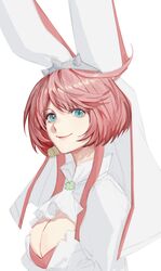  absurdres ahoge animal_ears ascot breasts carol0905 cleavage closed_mouth elphelt_valentine fake_animal_ears female guilty_gear guilty_gear_xrd highres large_breasts looking_at_viewer pink_hair short_hair simple_background smile solo upper_body white_ascot white_background white_veil 